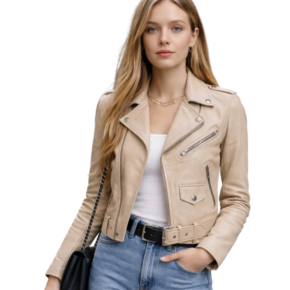 Cream Leather Motorcycle Moto Jacket Eagle Leather